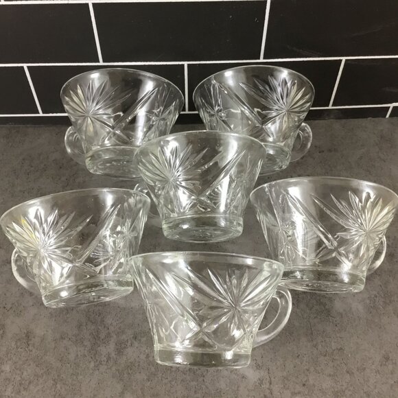 6 Anchor Hocking Early American Prescut Star Of David Glass Punch Cups W/Handles - Picture 1 of 12